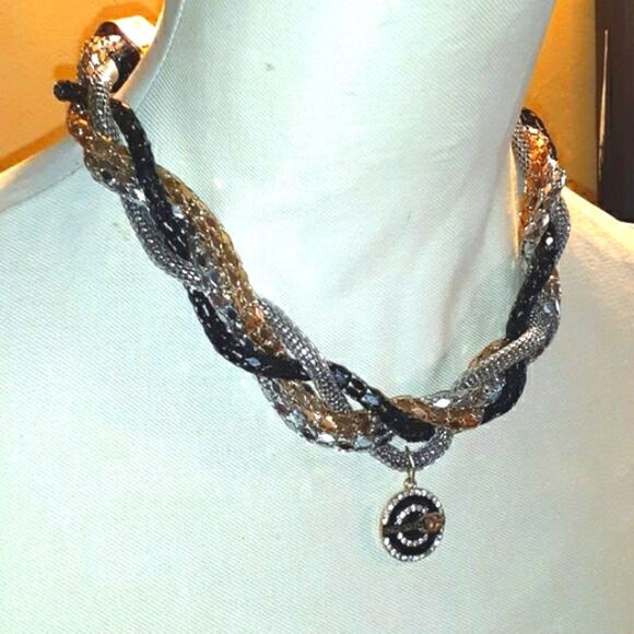 CHUNKY Layered Art Necklace COCO Pendent Black & Gold Chains Thick Chains Bling - Picture 3 of 8